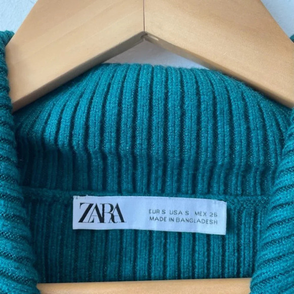 Zara Polo Collared Ribbed Snap Button  Knit Long Sleeve Sweater Shirt Green Sz S - Picture 7 of 8